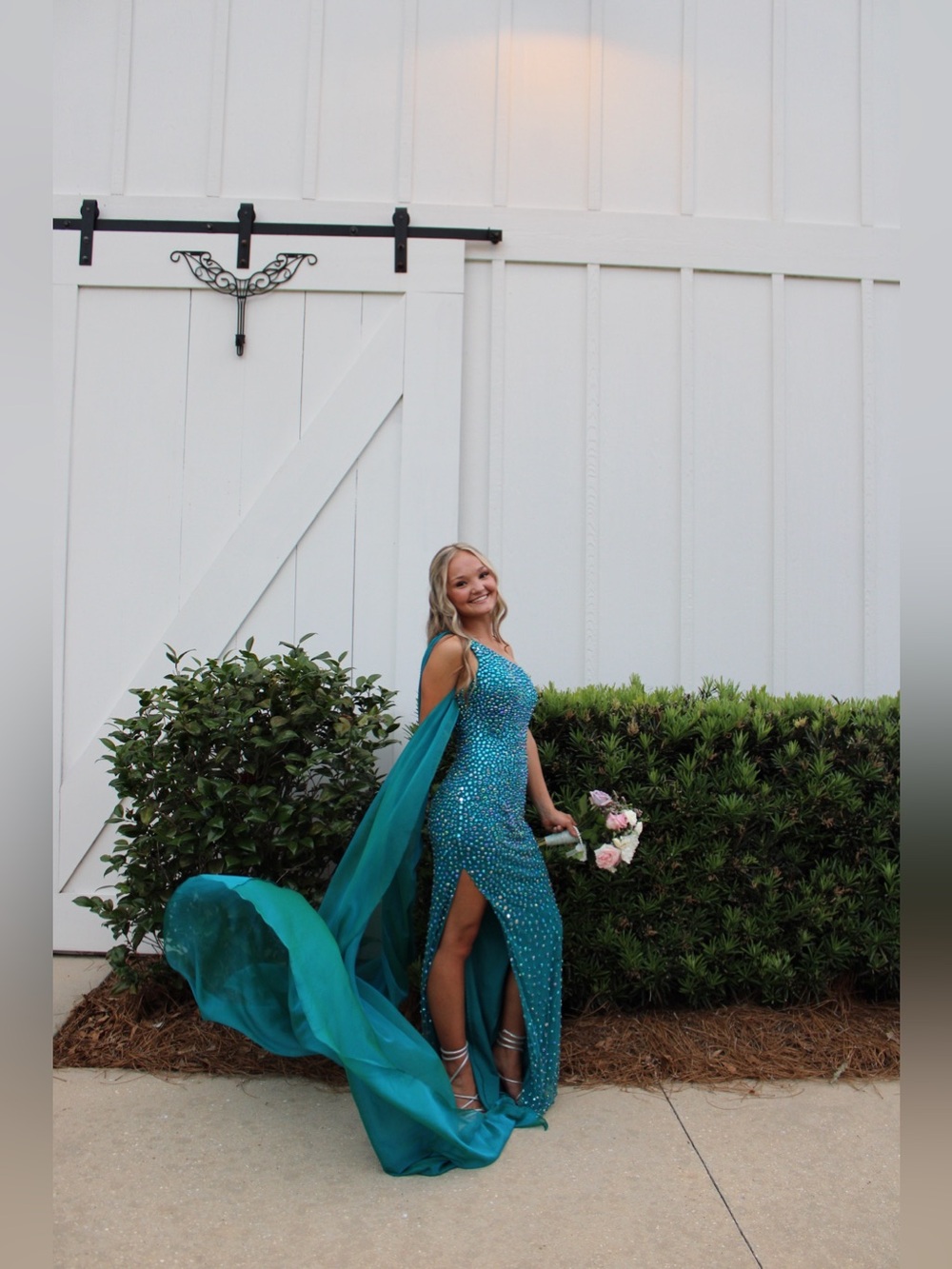 SHERRI HILL
Teal Beaded Evening Gown with Cape